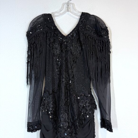 Vintage Black Beaded Fringe Gown Lace Ruched Sequin Cocktail Whimsigoth Dress M - Picture 9 of 17